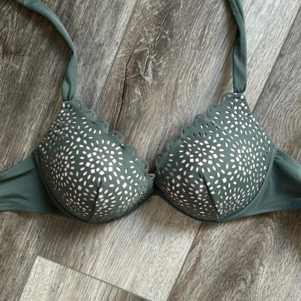 Shade shore swim top 34C, olive green eyelet, push-up halter bikini